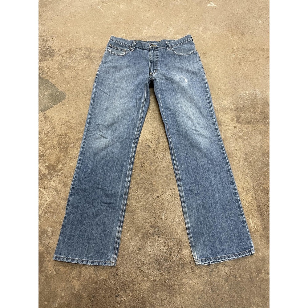 Carhartt 101483-980 Jeans Mens 36x34 Blue Relaxed Straight Zip Fly Distressed